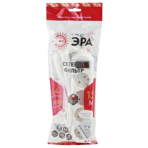 Удлинитель с сетевым фильтром 4х1.5м с заземл. 10А IP20 USF-M-4es-1.5m-W ПВС 3х0.75 с выкл. бел. Эра Б0019741 ТехноИмпульс