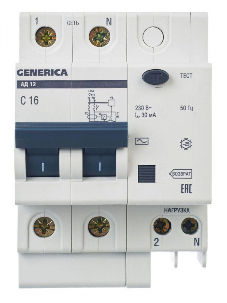 Выключатель автоматический дифференциального тока 2п 16А 30мА АД12 GENERICA MAD15-2-016-C-030 ТехноИмпульс