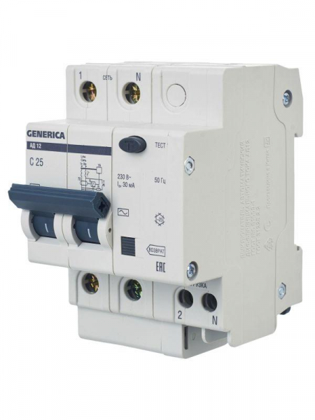 Выключатель автоматический дифференциального тока 2п 25А 30мА АД12 GENERICA MAD15-2-025-C-030 ТехноИмпульс