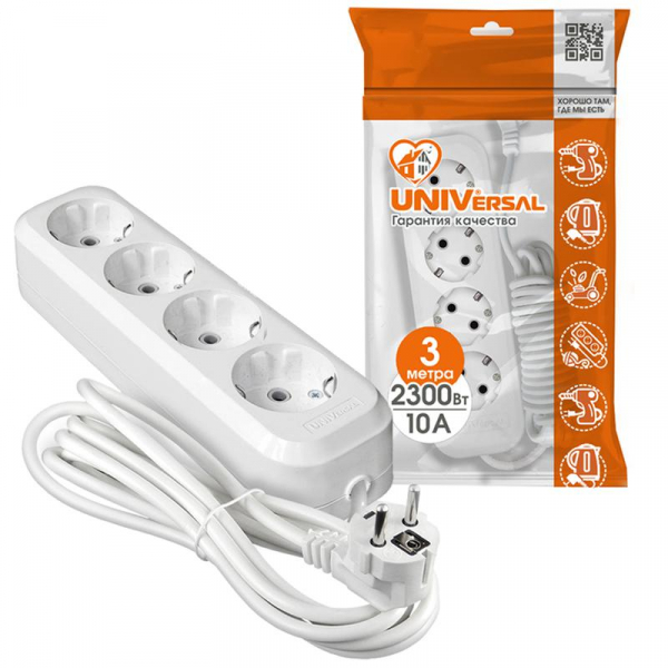 Удлинитель 4х3м с заземл. 10А IP20 У10-555 ПВС 3х0.75 UNIVersal 555-03 ТехноИмпульс