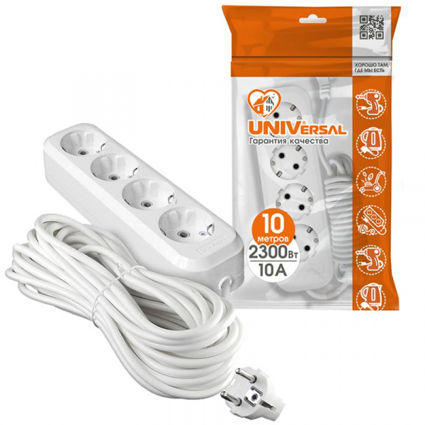 Удлинитель 4х10м с заземл. 10А IP20 У10-555 ПВС 3х1 UNIVersal 555-10 ТехноИмпульс