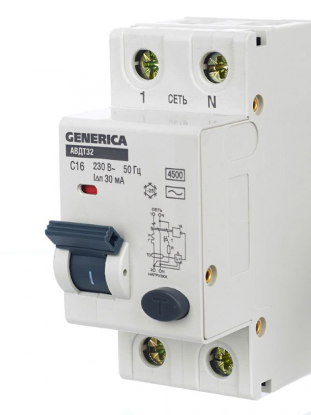 Выключатель автоматический дифференциального тока 2п C 16А 30мА тип AC 4.5кА АВДТ 32 C16 GENERICA MAD25-5-016-C-30 ТехноИмпульс