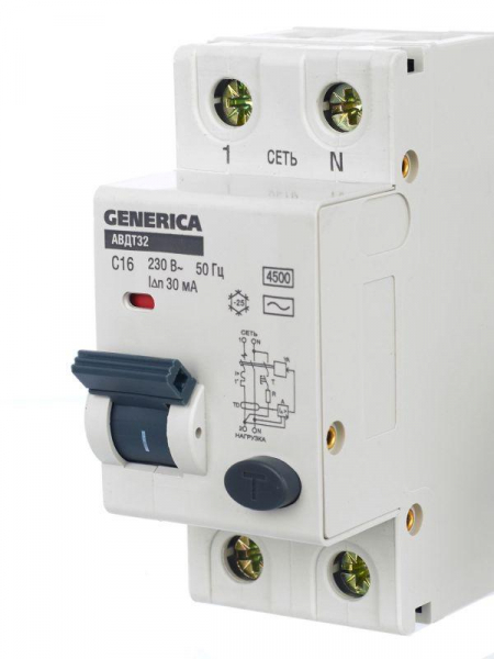 Выключатель автоматический дифференциального тока 2п C 16А 30мА тип AC 4.5кА АВДТ 32 C16 GENERICA MAD25-5-016-C-30 ТехноИмпульс