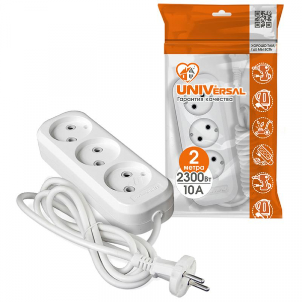Удлинитель 3х2м без заземл. 10А IP20 Е-203 ПВС 2х0.75 АБС-пластик UNIVersal 9631963 ТехноИмпульс