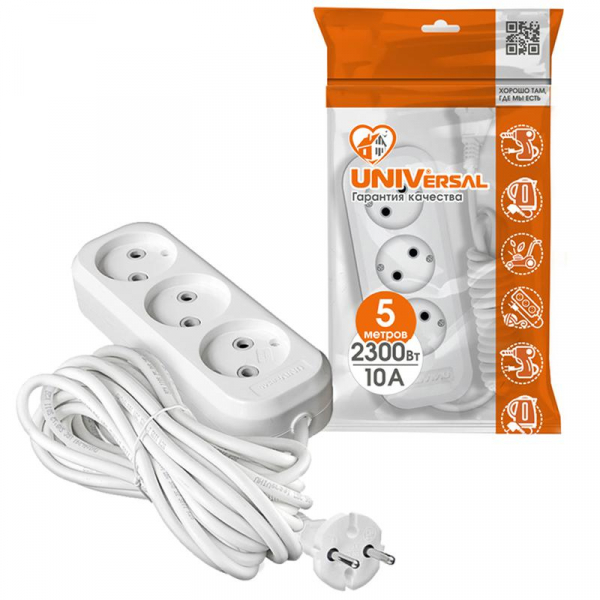 Удлинитель 3х5м без заземл. 10А IP20 Е-203 ПВС 2х0.75 АБС-пластик UNIVersal 9631965 ТехноИмпульс