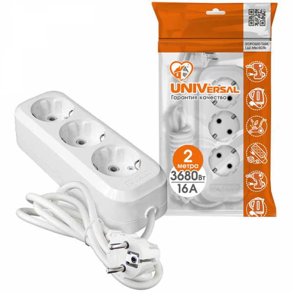 Удлинитель 3х2м с заземл. 16А IP20 Е-303 ПВС 3х1 АБС-пластик UNIVersal 9631976 ТехноИмпульс
