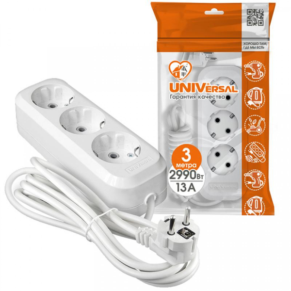 Удлинитель 3х3м с заземл. 13А IP20 Е-303 ПВС 3х1 АБС-пластик UNIVersal 9631977 ТехноИмпульс