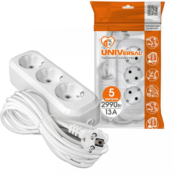 Удлинитель 3х5м с заземл. 13А IP20 Е-303 ПВС 3х1 АБС-пластик UNIVersal 9631978 ТехноИмпульс