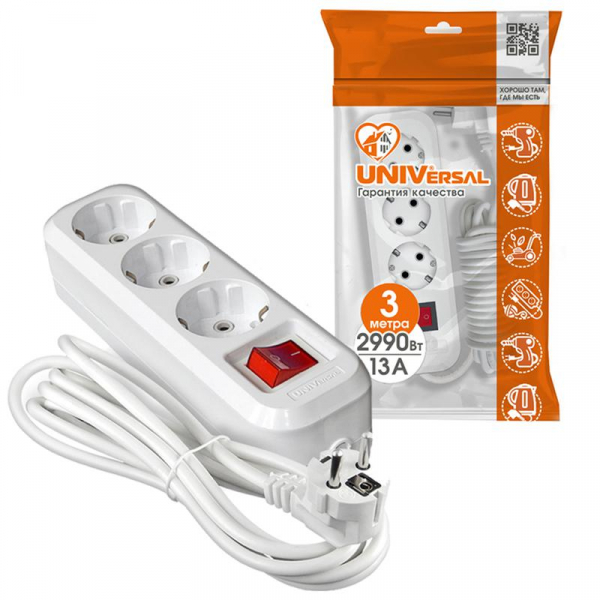Удлинитель 3х3м с заземл. 13А IP20 S-303 ПВС 3х1 с выкл. UNIVersal 9631986 ТехноИмпульс