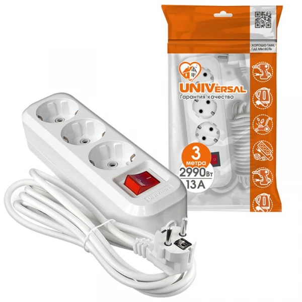 Удлинитель 3х3м с заземл. 13А IP20 S-303 ПВС 3х1 с выкл. UNIVersal 9631986 ТехноИмпульс
