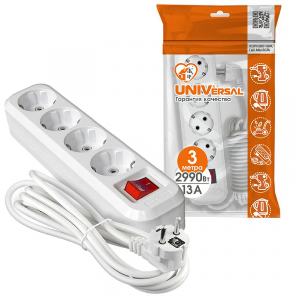 Удлинитель 4х3м с заземл. 13А IP20 S-304 ПВС 3х1 с выкл. UNIVersal 9631990 ТехноИмпульс