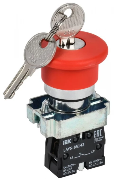 Кнопка управления "Грибок" LAY5-BS142 d22мм 1НЗ 240В с ключом красн. KARAT IEK BBG50-LAY5-K04 ТехноИмпульс