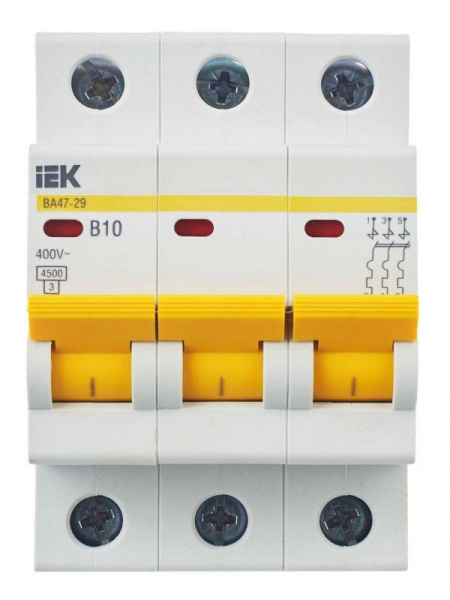 Выключатель автоматический модульный 3п B 10А 4.5кА ВА47-29 KARAT IEK MVA20-3-010-B ТехноИмпульс