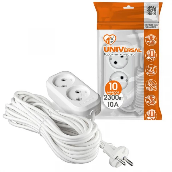 Удлинитель 2х10м без заземл. 10А IP20 Е-202 ПВС 2х1 АБС-пластик UNIVersal 9634265 ТехноИмпульс
