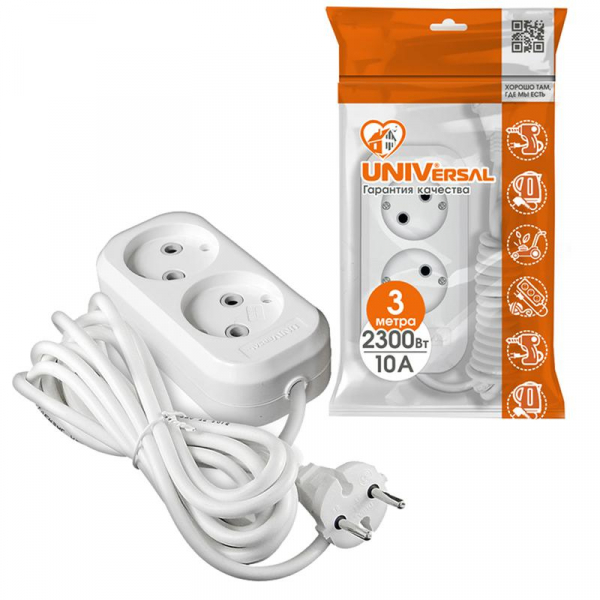 Удлинитель 2х3м без заземл. 10А IP20 Е-202 ПВС 2х0.75 АБС-пластик UNIVersal 9631960 ТехноИмпульс