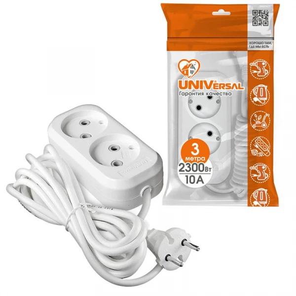 Удлинитель 2х3м без заземл. 10А IP20 Е-202 ПВС 2х0.75 АБС-пластик UNIVersal 9631960 ТехноИмпульс