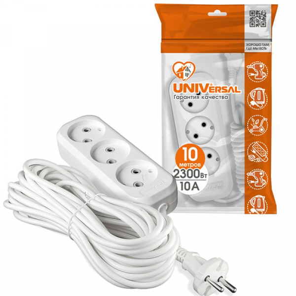 Удлинитель 3х10м без заземл. 10А IP20 Е-203 ПВС 2х1 АБС-пластик UNIVersal 9631967 ТехноИмпульс
