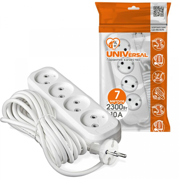 Удлинитель 4х7м без заземл. 10А IP20 Е-204 ПВС 2х1 АБС-пластик UNIVersal 9631970 ТехноИмпульс