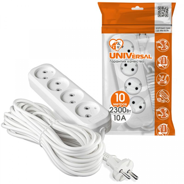 Удлинитель 4х10м без заземл. 10А IP20 Е-204 ПВС 2х1 АБС-пластик UNIVersal 9631971 ТехноИмпульс