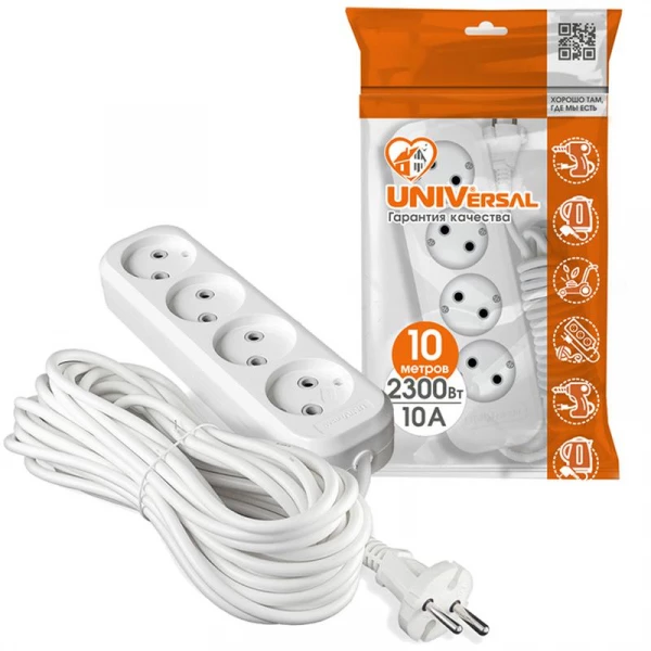 Удлинитель 4х10м без заземл. 10А IP20 Е-204 ПВС 2х1 АБС-пластик UNIVersal 9631971 ТехноИмпульс