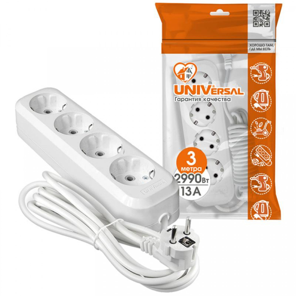 Удлинитель 4х3м с заземл. 13А IP20 Е-304 ПВС 3х1 АБС-пластик UNIVersal 9631981 ТехноИмпульс