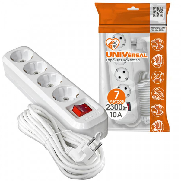 Удлинитель 4х7м с заземл. 10А IP20 S-304 ПВС 3х1 с выкл. UNIVersal 9631992 ТехноИмпульс