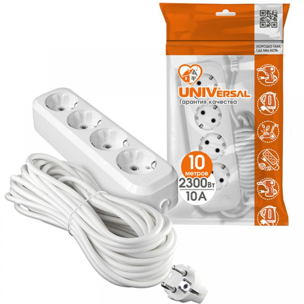 Удлинитель 4х10м с заземл. 10А IP20 Е-304 ПВС 3х1 АБС-пластик UNIVersal 9631984 ТехноИмпульс