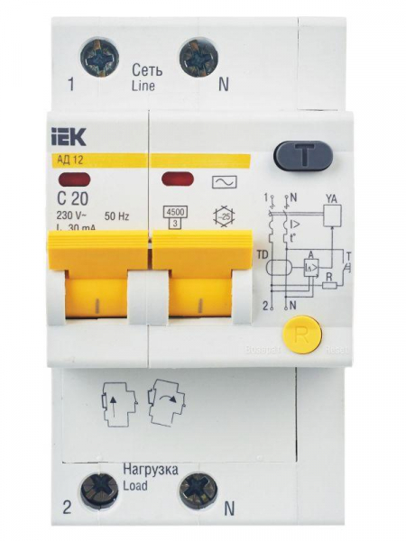 Выключатель автоматический дифференциального тока 2п C 20А 30мА тип AC 4.5кА АД-12 KARAT IEK MAD10-2-020-C-030 ТехноИмпульс