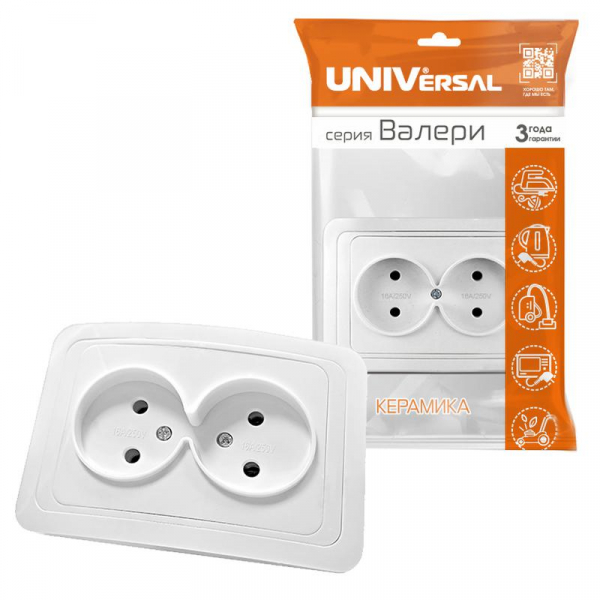 Розетка 2-м СП Валери 16А IP20 без заземл. бел. UNIVersal В0102 ТехноИмпульс