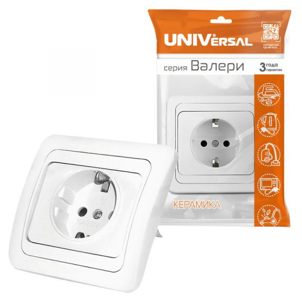 Розетка 1-м СП Валери 16А IP20 с заземл. бел. UNIVersal В0028 ТехноИмпульс