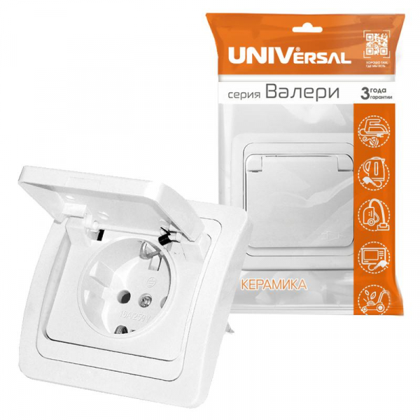 Розетка 1-м СП Валери 16А IP20 с заземл. с крышкой бел. UNIVersal В0029 ТехноИмпульс