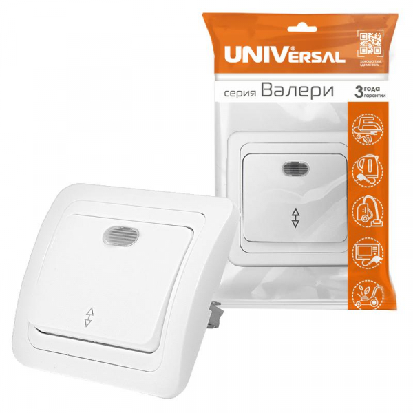 Переключатель проходной 1-кл. СП Валери 10А IP20 с подсветкой бел. UNIVersal В0125 ТехноИмпульс