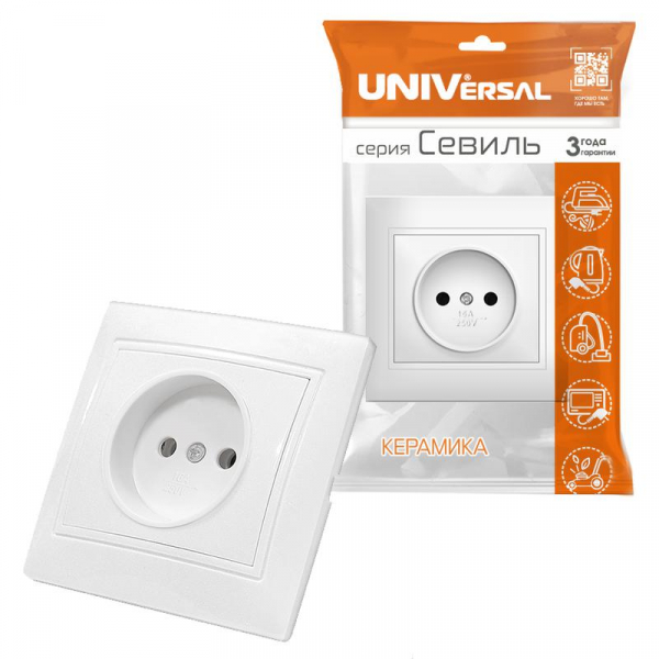 Розетка 1-м СП Севиль 16А IP20 без заземл. бел. UNIVersal С0022 ТехноИмпульс