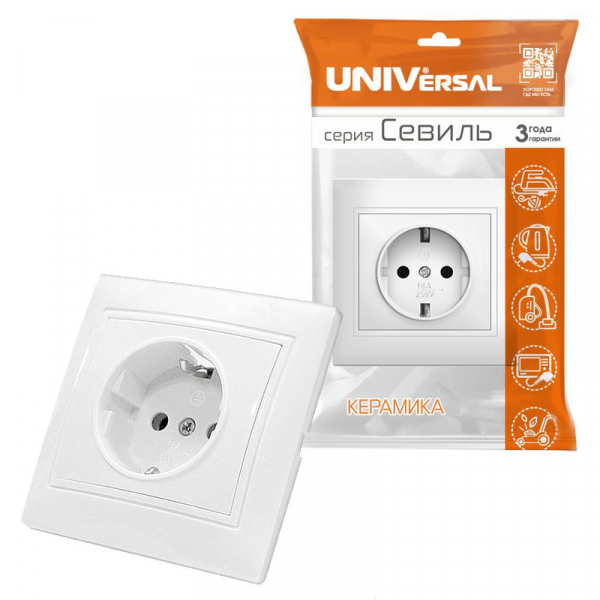 Розетка 1-м СП Севиль 16А IP20 с заземл. бел. UNIVersal С0028 ТехноИмпульс