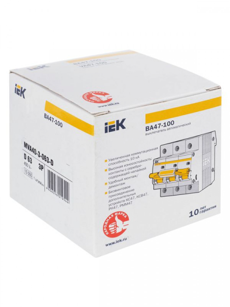 Выключатель автоматический модульный 3п D 63А 10кА ВА47-100 KARAT IEK MVA40-3-063-D ТехноИмпульс