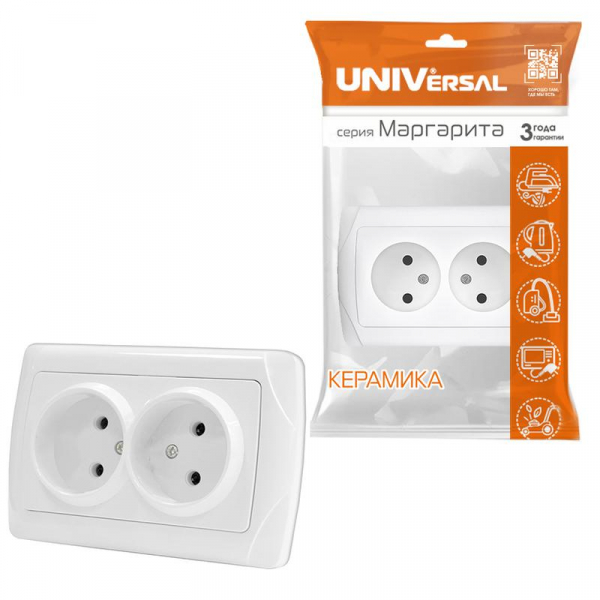 Розетка 2-м СП Маргарита 16А IP20 без заземл. бел. UNIVersal М0102 ТехноИмпульс