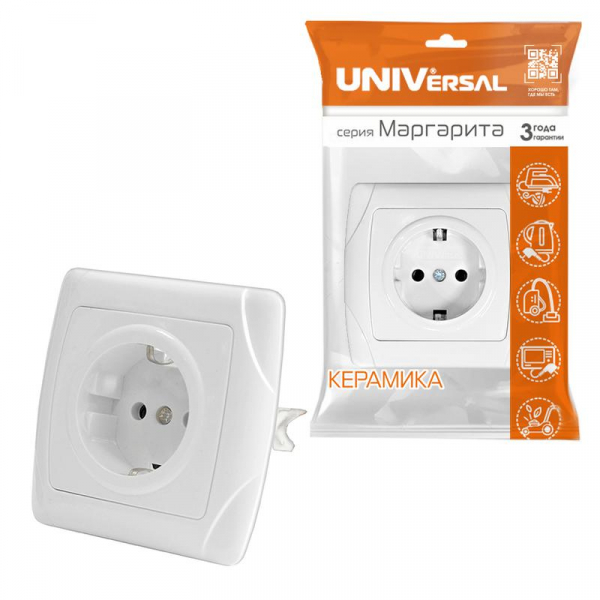Розетка 1-м СП Маргарита 16А IP20 с заземл. бел. UNIVersal М0028 ТехноИмпульс
