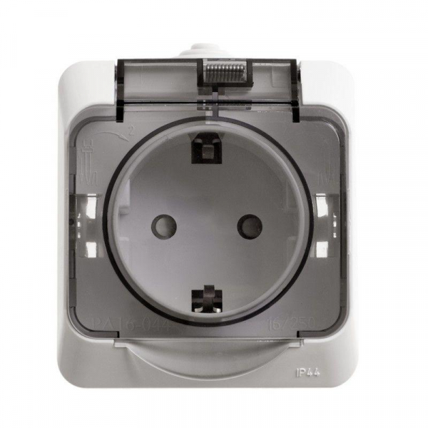 Розетка 1-м ОП Этюд 16А IP44 250В с заземл. защ. шторки с крышкой бел. SE PA16-044B ТехноИмпульс
