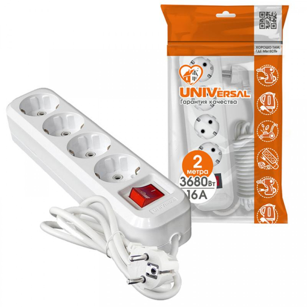 Удлинитель 4х2м с заземл. 16А IP20 S-304 ПВС 3х1 с выкл. UNIVersal 9634419 ТехноИмпульс