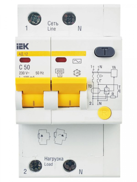 Выключатель автоматический дифференциального тока 2п C 50А 100мА тип AC 4.5кА АД-12 KARAT IEK MAD10-2-050-C-100 ТехноИмпульс