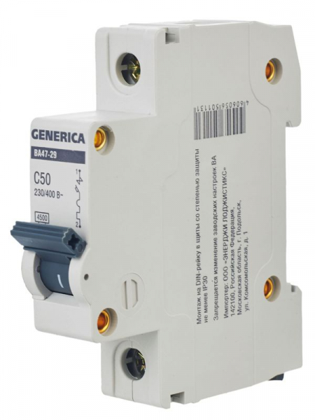 Выключатель автоматический модульный 1п C 50А 4.5кА ВА47-29 GENERICA MVA25-1-050-C ТехноИмпульс
