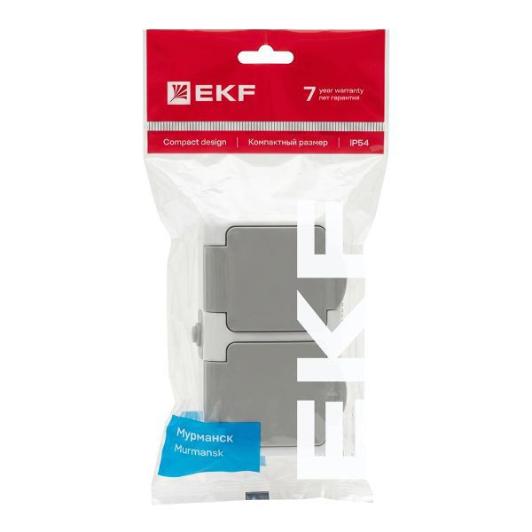Розетка 2-м ОП Мурманск 16А IP54 с заземл. защ. шторки с крышкой сер. EKF EFR16-129-30-54 ТехноИмпульс
